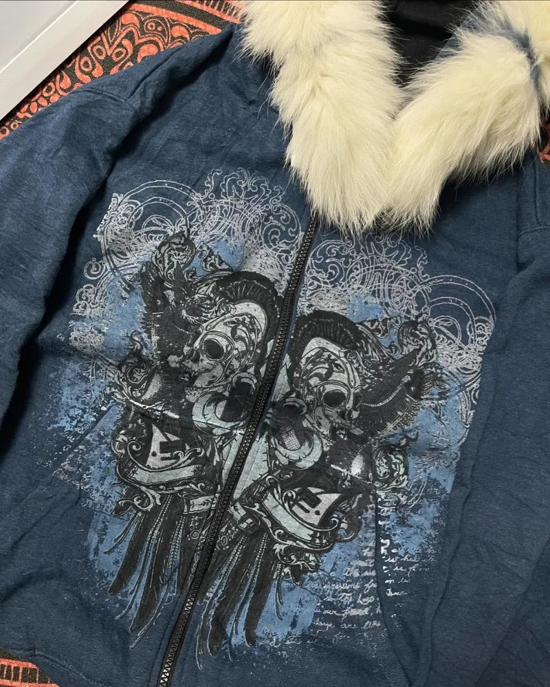 American Vintage Rock Gothic Graphic Fur Collar