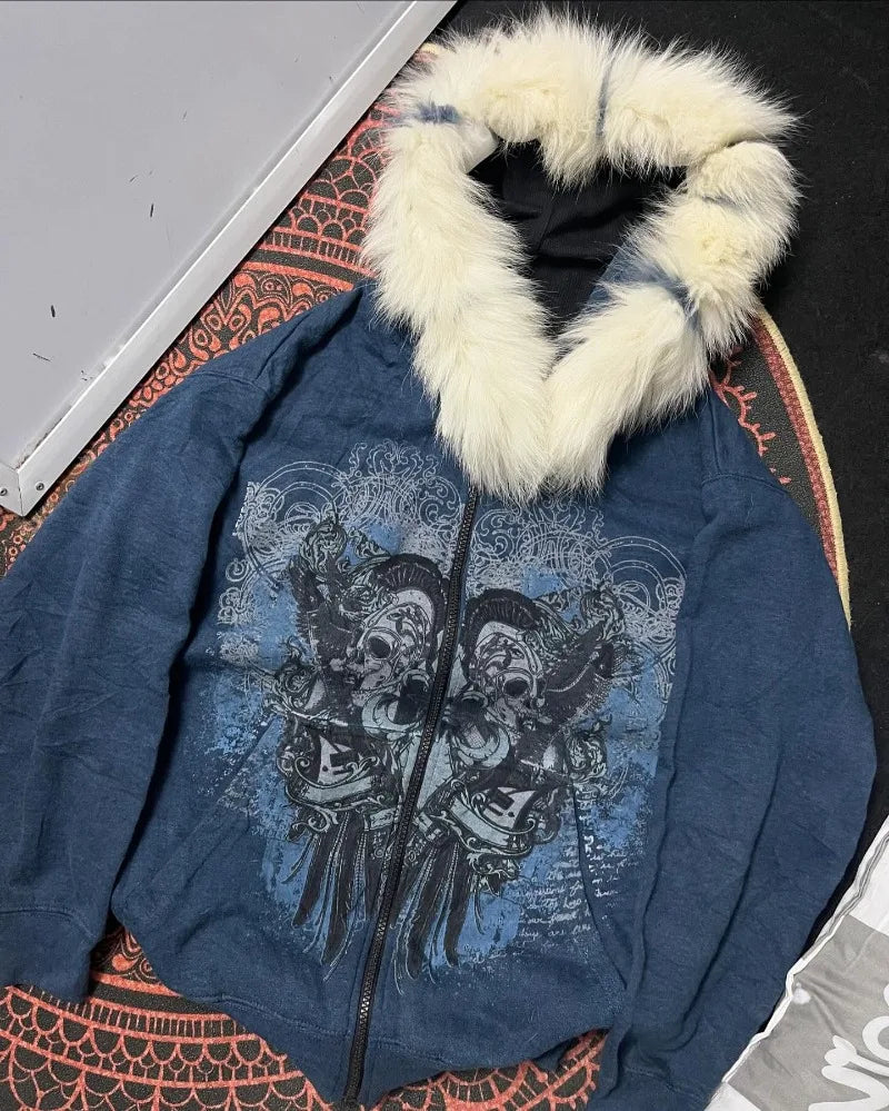 American Vintage Rock Gothic Graphic Fur Collar